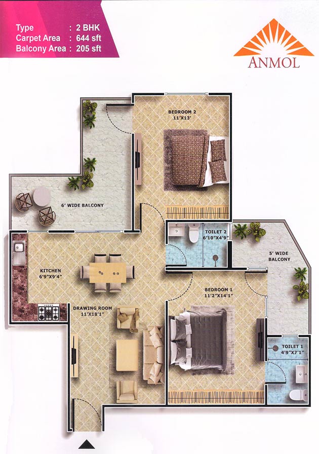 2 bhk 644 sq.ft