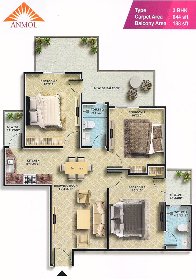 3 bhk 644sq.ft